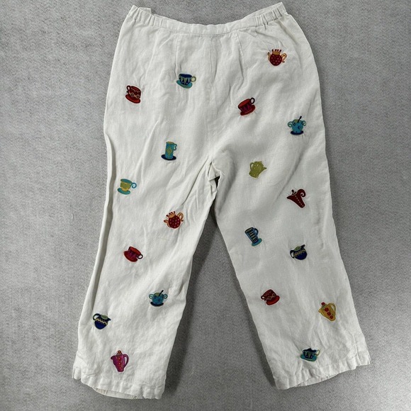 MERCER MADISON 100% Linen Crop Pant 14W Embroidered Mad Hatter Tea Party Novelty - Picture 2 of 13